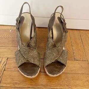 Stuart Weitzman Cross Over Woven Raffia Espadrille Wedge Sandals